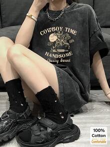 女士宽松复古黑色长袖T恤，休闲卡通印花，舒适百搭，适合春夏穿着。 - 黑色 - 查看 3