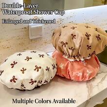 4/3pcs Set Women's Double Layer Waterproof Shower Cap, Satin Ribbon Printed Reusable Bathroom SPA Travel - A - View 3