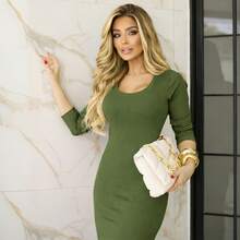 Detrix Women's Midi Dress With Long Sleeves, Ribbed Knit, Elegant, Simple, Split Knit Fabric Dress. Midi Ribbed Knit Sheath Dress, Long Sleeves, Autumn/Winter, Fitted, Bodycon, With Side Slit, For Weddings, Evenings, Holidays, Office, Daily Wear, Birthday Party, Night, Work, Formal And Evening, Photoshoot, Elegant And Casual, Travel, Stage And Concert, Brunch, Country Music Concert, Airport Wear, Autumn/Winter. - 軍綠色 - 查看 6