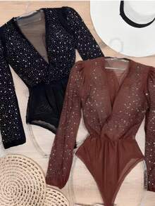 Body De Tule Com Strass Feminino De Manga Longa Decote V Profundo Rodeio Boiadeira Carnaval Balada Festa - Marrom - Visão 3