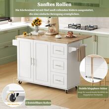 L137 * W43 (76) * H92cm Large Mobile Kitchen Table, Oak Top, Folding Design, Multifunctional Cabinet, 3 Drawers, Towel Rack, Ideal For Kitchen, Dining Room, Home - White - View 2