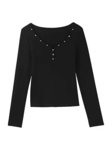2026 Spring Women's Riveted V-Neck Long Sleeve T-Shirt, Slim Fit Layering Top Casual Black - Black - View 10