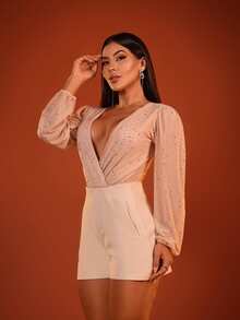 Women's Long-Sleeved Tulle Bodysuit With Rhinestones, Deep V-Neck, Rodeo, Cowgirl, Carnival, Nightclub, Party - 米色 - 查看 2