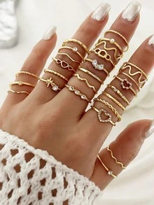 28pcs Heart Shaped Geometric Bohemian Style Rhinestone Accent Minimalist Wave Knuckle Rings, Suitable For Women's Daily Wear, Dates, Parties, Valentine's Day, Anniversary, Gifts For Girlfriends, Friends, Party, Street Style (Includes Size Chart, Do Not Shower Or Forcefully Bend, Please Purchase Carefully) - Gold - View 5