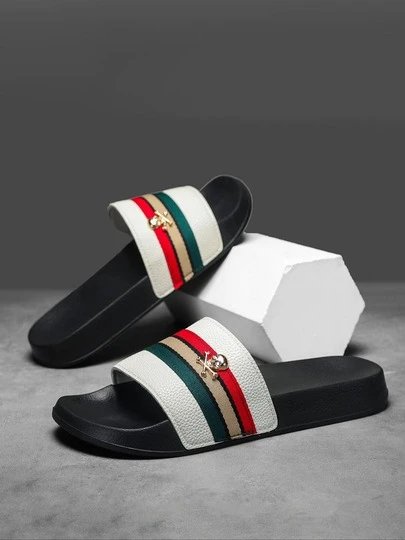 3-Color Striped Skull Decor Lightweight Slippers, Non-Slip Outdoor Beach Sandals For Men