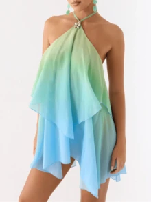 Women Ruffle Halter Neck Mini Dress Sheer Mesh Layered Open Back Dress Y2K Tiered Tie Back Going Out Dresses - Màu xanh nhạt - Xem 2