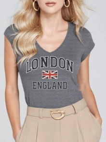 1-Piece Preppy-Chic Women's V-Neck Colored Cotton Tank Top, "LONDON ENGLAND" Letter & Union Jack Print, Casual Daily Wear For Travel Outings & City-Themed Gatherings (Sizes S-5XL) - 灰色 - 查看 1