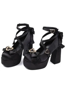 Fashion Mary Jane Shoes For Women Elegant High Chunky Heel Pumps With Cross Strap, Big Bow, And Heart Buckle Lace-Up For Wedding, Party, And Cute Occasions - 黑色 - 查看 2