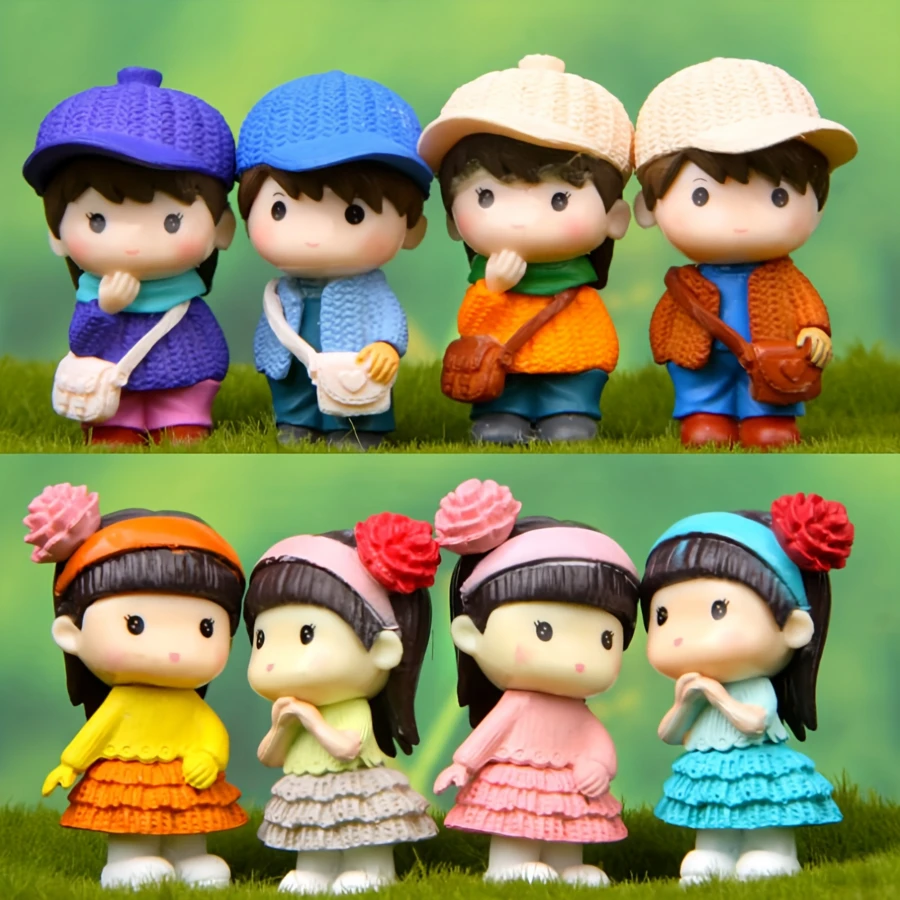 1pc Adorable Miniature Couple Sculpture Set, Which Can Add A Joyful And Warm Atmosphere To Your Micro Landscape. Each 5.3cm High Sculpture Is Hand-Painted With Vivid Details, Featuring A Cute And Casual Outfit From Knitted Hat To Ruffled Dress, Creating A Charming Fairy Tale-Like Ambiance. - Figurines - View 1