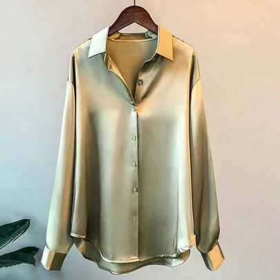 Women's Elegant Versatile Draping Vintage Long Sleeve Satin Blouse, Spring/Summer