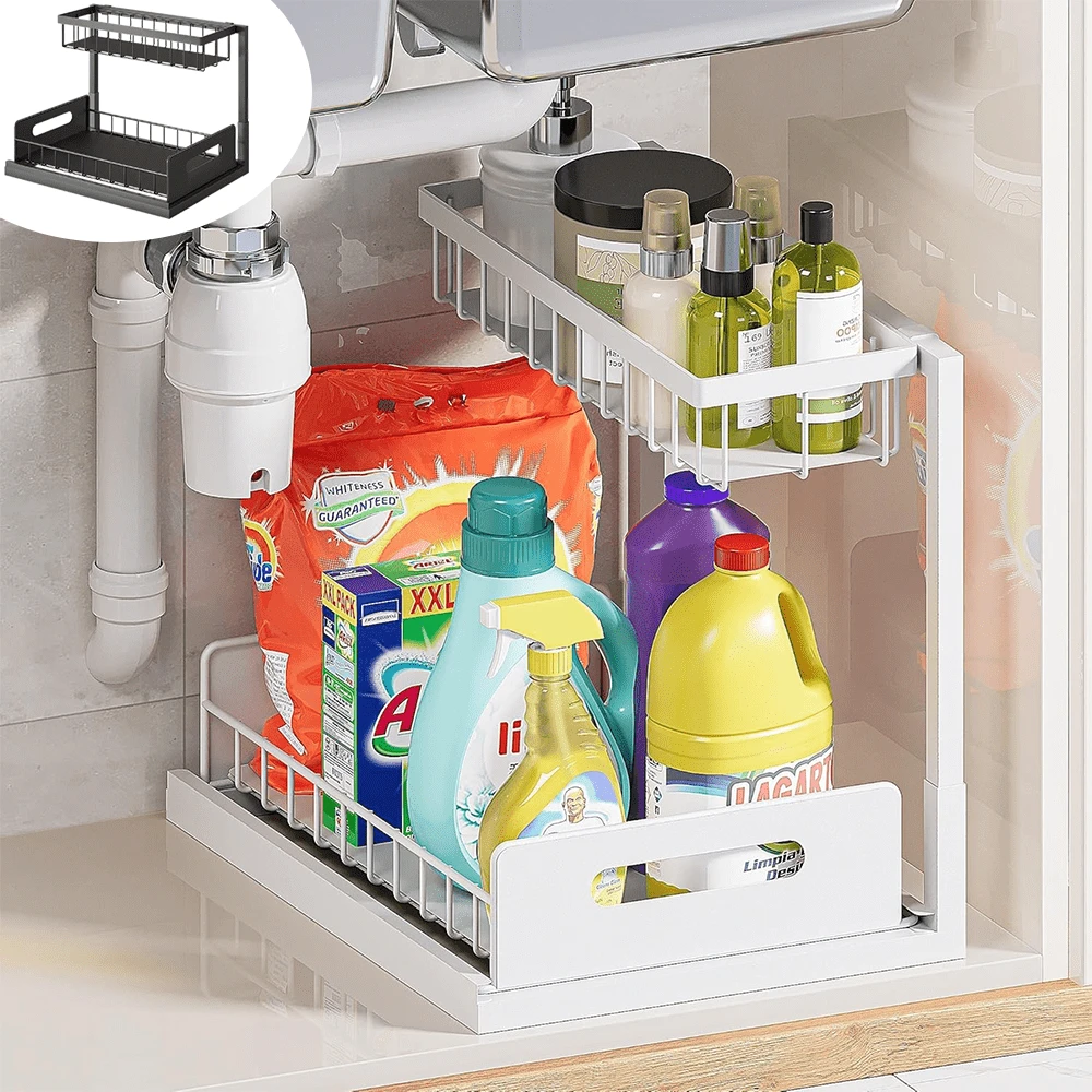 Lislark Pull-Out Under Sink Storage Rack, Double-Layer Sliding Organizer Shelf, Multipurpose Storage Rack For Kitchen And Bathroom Under Sink(Black/White) - White - View 1
