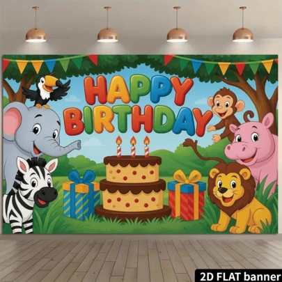 Phông nền sinh nhật chủ đề động vật rừng 71 x 43 inch, banner hoạt hình sở thú với hình sư tử, hươu cao cổ, voi, ngựa vằn, thích hợp trang trí tiệc sinh nhật cho bé trai và bé gái trong nhà và ngoài trời.