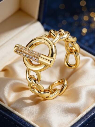 Women's Gold-Plated Cubic Zirconia Ring, Adjustable Open Cuban Chain Design With Micro-Inlaid Accents, Minimalist Elegant Style For Daily Wear, Versatile Gift For Fashion Enthusiasts