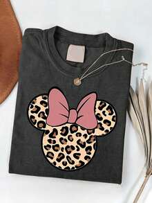 Disney Official Authorization | Mickey Mouse Leopard Print T-Shirt For Men And Women-Casual Short Sleeves-Opaque Fabric With Pink Bow Design-Machine Washable-Suitable For Summer Wear. - 黑色 - 查看 1