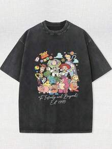 Authorized By Disney, A High-Quality One-Sided Printed Batik T-Shirt Is Printed With The Characters Of Toy Story Series, With The Words Land And Rocket Planet Printed On It. - màu đen - Xem 1