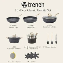 Trench Juego de utensilios de cocina antiadherentes de aluminio fundido de 16 piezas,Incluye sartén, olla, sartenes para desayuno/crepes y utensilios de silicona,apto para cocinas de gas e inducción, aptas para acampar al aire libre, picnic, viajes, un juego de ollas y sartenes antiadherentes, wok, apilables, herramientas de cocina - Negro - Ver 8