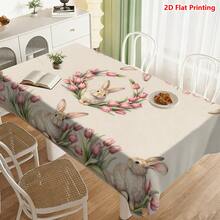 1/20pcs Easter Theme Tablecloth, Exquisite Rabbit & Pink Tulip Pattern Printed Tablecloth, Suitable For Easter Celebration Picnic Home Kitchen Dining Decor, Spring Decoration & Gift, Essential Easter Home Decor - Multicolor - View 4