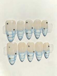 10pcs Pure Handmade Press On Nails Long Almond Nail Baby Blue And White Nails With Blending Pattern Frence Fancy Cute Pain Y2k Gentle Stroble Flash Temperament For Women And Girl,Spring Summer Fall Winter,Holiday And Daily Life Use - Blue and White - View 1