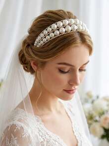 1 pieza Diadema elegante de doble capa hecha a mano con perlas, accesorio para el cabello de novia adecuado para bodas, fiestas, fotografía, celebraciones - Multicolor - Ver 2