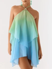 Women Ruffle Halter Neck Mini Dress Sheer Mesh Layered Open Back Dress Y2K Tiered Tie Back Going Out Dresses - Màu xanh nhạt - Xem 1