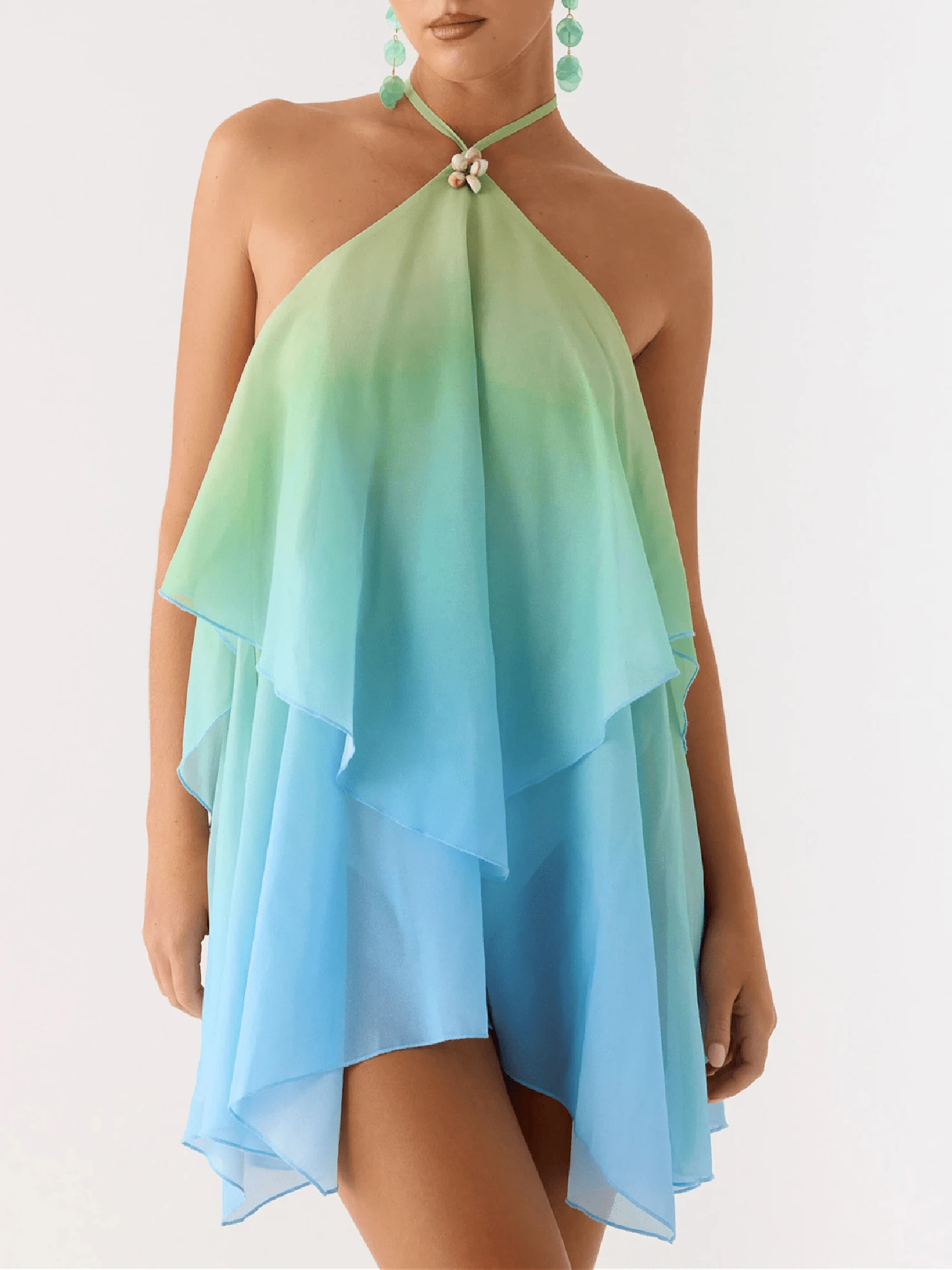 Women Ruffle Halter Neck Mini Dress Sheer Mesh Layered Open Back Dress Y2K Tiered Tie Back Going Out Dresses - Màu xanh nhạt - Xem 1