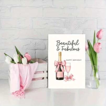 1 "Beautiful And Enchanting" Champagne And Pink Bow Birthday Card With Envelope - Elegant Female Birthday Message, Suitable For Milestone Celebrations Or Special Occasions, Celebration Card, Elegant Design, Decorative Elements, Birthday Party Decoration