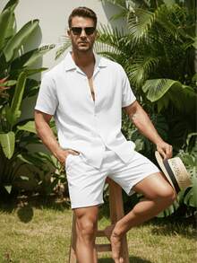 Men's Plain Slim Fit Casual Comfortable Short Sleeve Set For Holidays, Beach, Carnival, And Summer - 白色 - 查看 3