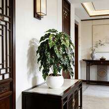 1株大型仿真植物 [龟背竹] - 绿色，18片叶子，塑料绿植盆栽，适用于家居装饰，北欧风格，不含花盆 - 适用于商店装饰、花园装饰、室内装饰、室外装饰、农舍风格、乔迁装饰、玄关装饰、节日装饰 - 室内外皆宜 | 优雅的叶片设计 - 橄欖綠 - 查看 7
