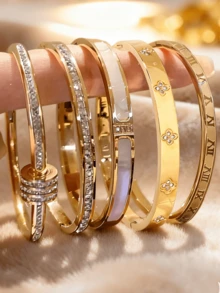 18K Gold Plated Stackable Bangle Set | Fully Paved Roman Numeral Four-Leaf Flower Shell Bracelet | Non-Fading Layered Bangle For Women, Daily & Party Wear, Valentine's Day & Everyday Gift - Gold 1 - View 8