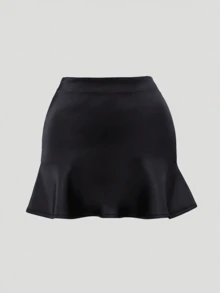 Chân váy ngắn mini nữ cổ điển, chất satin mềm mượt, cạp cao lưng thun ẩn, dáng chữ A ngắn thanh lịch, phối đồ đi rave, lễ hội mùa hè - màu đen - Xem 5