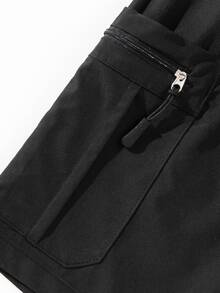 Men's Techwear Cargo Casual Shorts, Zipper Pocket Design, Loose Drawstring, Streetwear Knee-Length Pants - Black - View 4