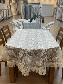 HXARTMIS 1件白色與咖啡色花卉刺繡透視蕾絲桌布，鏤空波浪蕾絲邊透明網格桌巾，長方形餐桌裝飾，適用於婚禮、茶會、居家廚房 - 奶咖色 - 查看 9