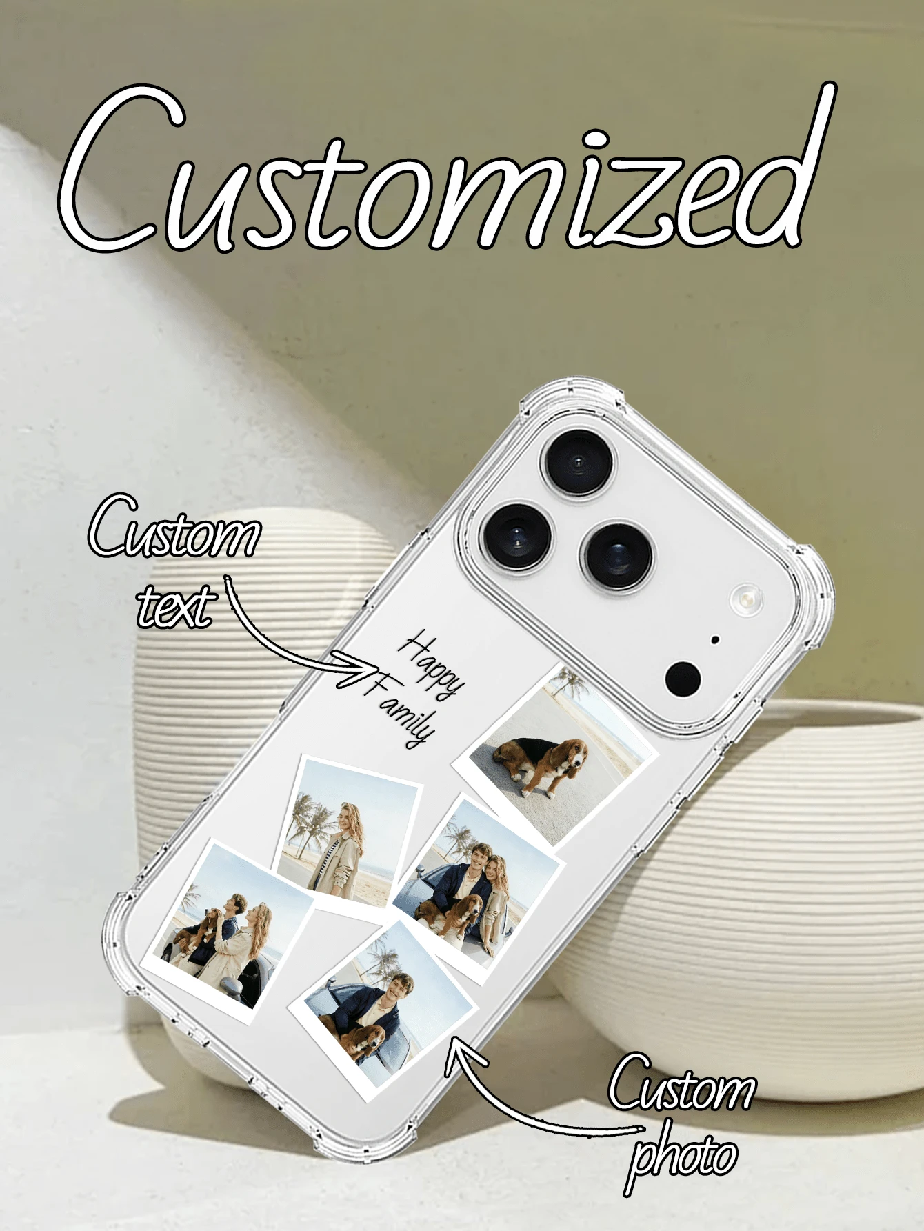 1pc Customized 4-Photo Text Name Minimalist Transparent Shockproof Phone Case Compatible With IPhone11/12/13/14/15/16/16pro/16plus/16promax/17/17pro/17promax/Air, 9A/S24/S25ultra/S25plus/S25edge/S25FE/A07/A17, Moto G85, Hot 50 Pro+ And More, Suitable As Gift For Friends - Clear - View 1