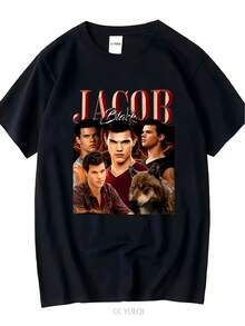 Men's Twilight Saga Jacob Black & Wolf Pack Graphic T-Shirt - Vintage Bootleg Style Tee With Jacob's Face & Iconic Logo Print, Soft Washed Comfort Fit, Loose Casual Shirt For Twilight Movie Fan Merchandise, Year-Round Wear For And - 黑色 - 查看 2