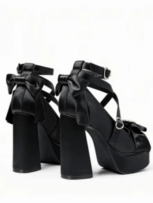 Women's Mary Jane Shoes Goth Platform Chunky Heels Round Toe Heart Sweet Y2k Gothic Lolita Cosplay High Heels Ankle Strap Bow Cross-Tied With Buckle Design Dress Pumps - 黑色 - 查看 9