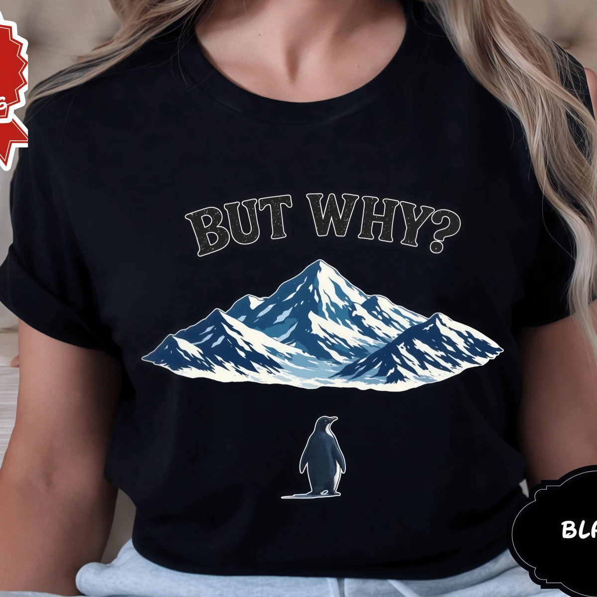 'But Why?"-Pinguin-T-Shirt – Lustiges Pinguin-Shirt mit Existenzkrise-Thema, Nihilistisches Zitat-T-Shirt & Retro-wohliges Geschenk - Schwarz - Übersicht 1