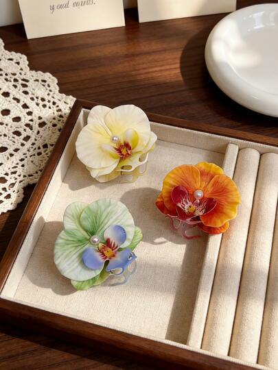 1pc French Romantic Wave Edge Phalaenopsis Hair Claw, Gentle Atmosphere Flower Clip, Vacation Style Hair Claw Simulation Phalaenopsis Flower Hair Claw, Fairy Style Wave Edge Design, Spring & Summer Vacation Hair Accessory Gentle Wave Edge Phalaenopsis Hair Claw, Sweet Atmosphere Clip, Vacation Style Back Head Hairpin