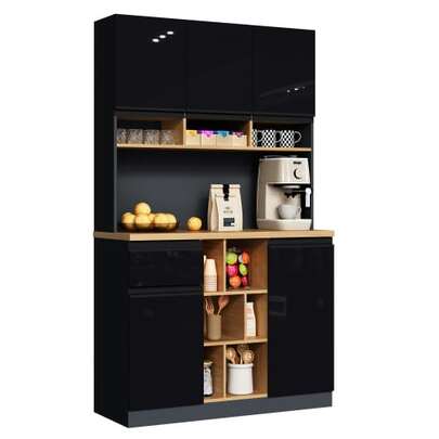 105 * 45 * 185 cm, moderne keukenkast, dressoir, eetkamerkast, grijs-zwart, metalen handgrepen, verstelbare planken, lades, open opbergruimte, anti-kantelaccessoires, ideaal voor de keuken, woonkamer en slaapkamer