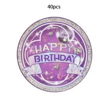 20个/40个/60个韩国音乐主题纸盘，适合音乐爱好者、音乐主题生日派对、K-Pop女团偶像庆祝装饰，紫色生日快乐甜点盘，餐具套装，派对用品 - A款 - 查看 7