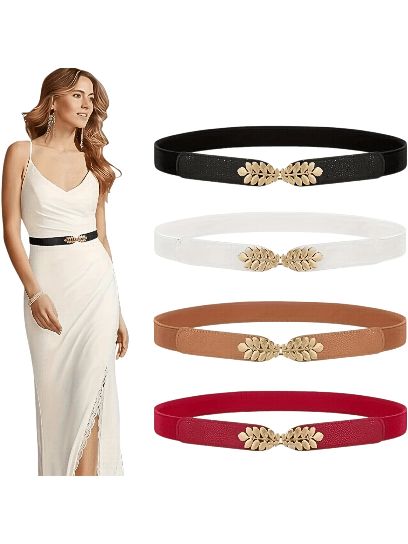 Women's Casual Leaf Buckle Elastic Waist Belt, Versatile For Dresses, Elegant Waist Cincher - Multicolor - View 1