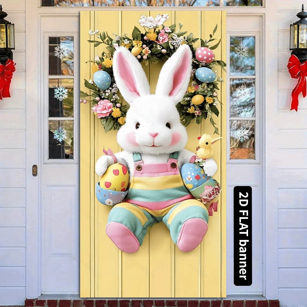 Easter Bunny 71x35 Inch Door Cover Banner Cute Rabbit With Floral Accents And EggsSpring Decoration For Home Porch Indoor Outdoor Holiday Decor