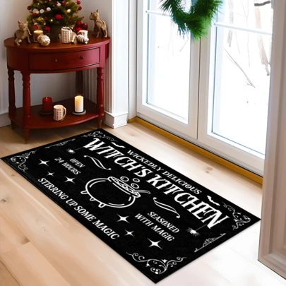1 pièce Tapis imprimé avec motif de sorcière mystérieuse, tapis en fausse laine - Hautement absorbant, facile à nettoyer, convient pour la décoration de la maison, la ferme, l'entrée, l'intérieur, la chambre, la cuisine, la salle à manger, le petit bureau/bureau à domicile, l'évier, la buanderie, le paillasson, le tapis de cuisine, tapis antidérapant