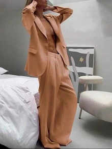 Elegant Business Casual Two-Piece Suit, Single Button Lapel Suit Jacket And Slim Fit Pants, Women's Clothing - Màu Hồng  Dưa hấu - Xem 4