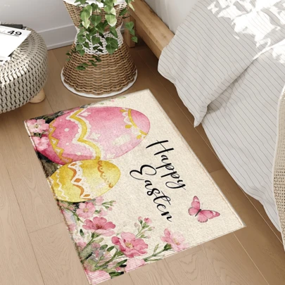 1 pieza Felpudo con estampado de huevo de Pascua, adecuado como regalo y decoración de Pascua, alfombra de felpa sintética para decoración del hogar, cocina, entrada, interior, habitación, comedor, oficina pequeña/oficina en casa, fregadero, lavandería, altamente absorbente y fácil de limpiar