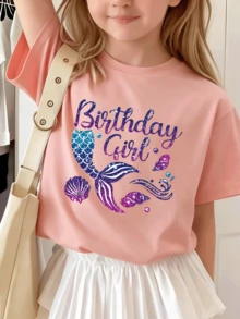 1件女童可爱T恤，印有标语和美人鱼尾巴图案，适合春秋季校服穿着 - 粉色 - 查看 4