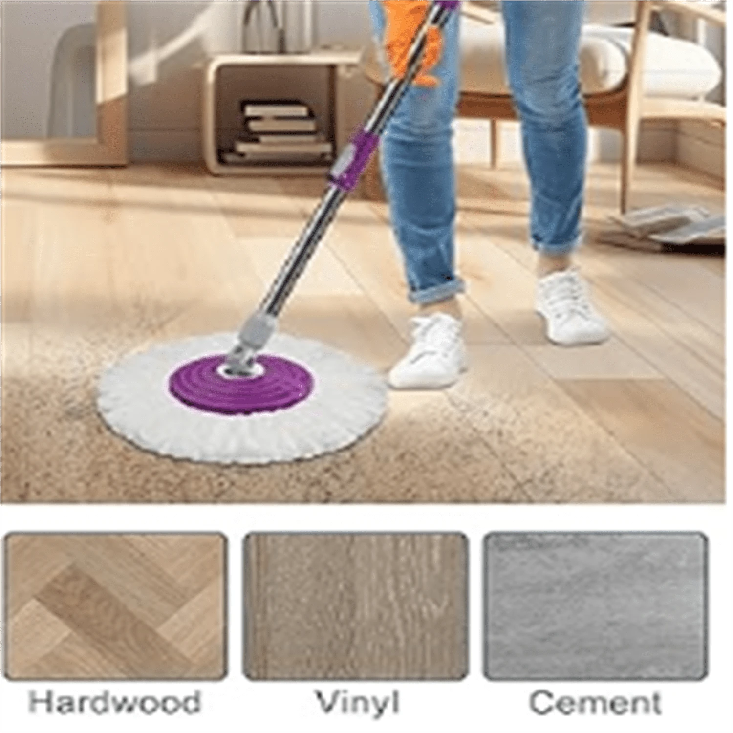 Mopa giratoria y cubo con compartimentos, juego de mopa y cubo con escurridor, mopa giratoria 360° para limpieza de pisos con 6 cabezales de microfibra de repuesto, mango extendido de 61", 2 ruedas - A - Ver 1