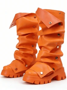 Women Mid Calf Boots Platform Heels Ruch Boots Knee High Fold Over Chunky Heel Short Booties Round Toe Wide Calf Pull-On Shark Boots Daily Party Y2K Dress Boots For Woman - Cam A - Xem 7