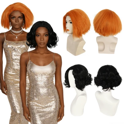 Retro Sweet & Cool 2-Style Wig Set, Orange Fluffy Short Hair + Black Wavy Bob, Versatile Headpiece For Women's Office Commutes & Parties
