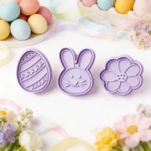 3pcs Easter Cookie Cutter Set, 3D Embossed Stamp Cookie Molds With Rabbit, Egg And Flower Patterns, Non-Stick Plastic Cookie Cutters For Soft Candy, Cookies, Pastries, Bread And Spring Easter Baking - Lilac Purple - View 5
