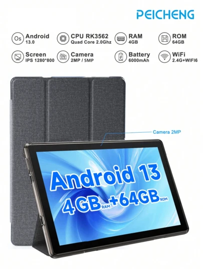 PEICHENG 10.1英寸安卓13平板电脑，RK3562四核2.0GHz处理器/4GB内存+64GB存储/2MP+5MP双摄像头/IPS触摸屏/2.4G WiFi + WiFi 6/蓝牙5.2/6000mAh电池，认证平板电脑（不含适配器）